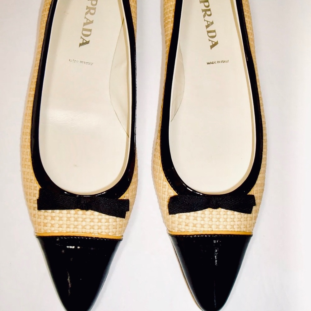 PRADA Cap Toe Black Patent Woven Straw Flats